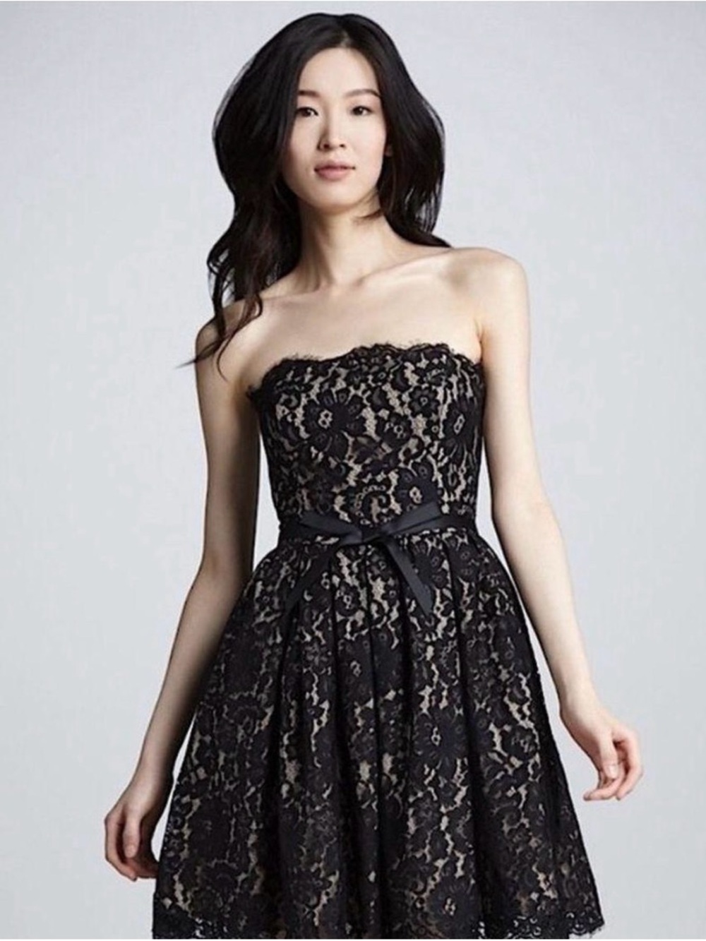 BRAND NEW NEIMAN MARCUS Strapless Black Lace Fit-and-Flare Dress